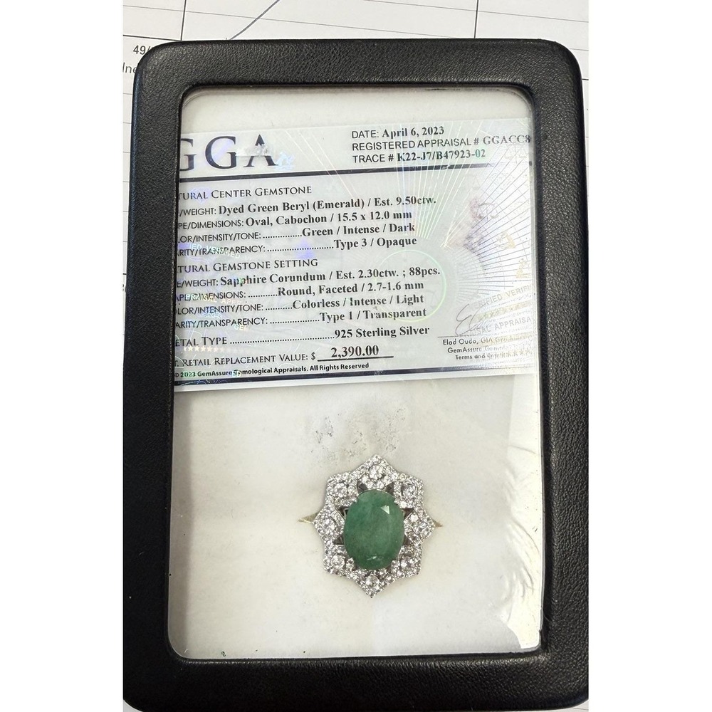 9.50ct Emerald Green Beryl & 2.30ct White Sapphire 925 Silver Ring GGA Appraisal